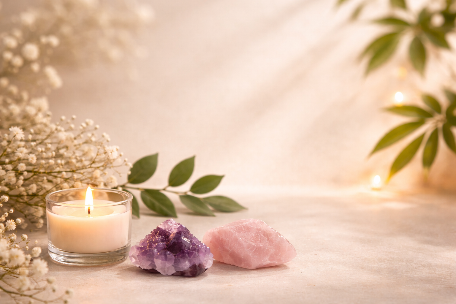 A calm workspace with crystals, candle, and soft earthy tones representing spirituality and balance for women in tech