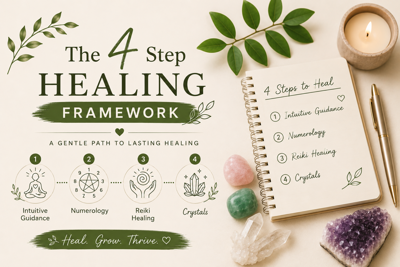 4-step healing framework with intuitive guidance, numerology, Reiki, and crystals in a calm wellness setting